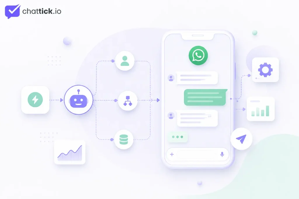 WhatsApp automation workflow showing chatbot, customer data, message routing, analytics, and automated business communication