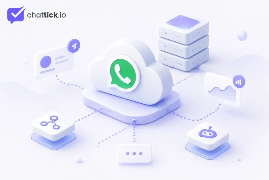 WhatsApp Cloud API connected with cloud infrastructure, servers, automation, webhooks, analytics, and business messaging tools