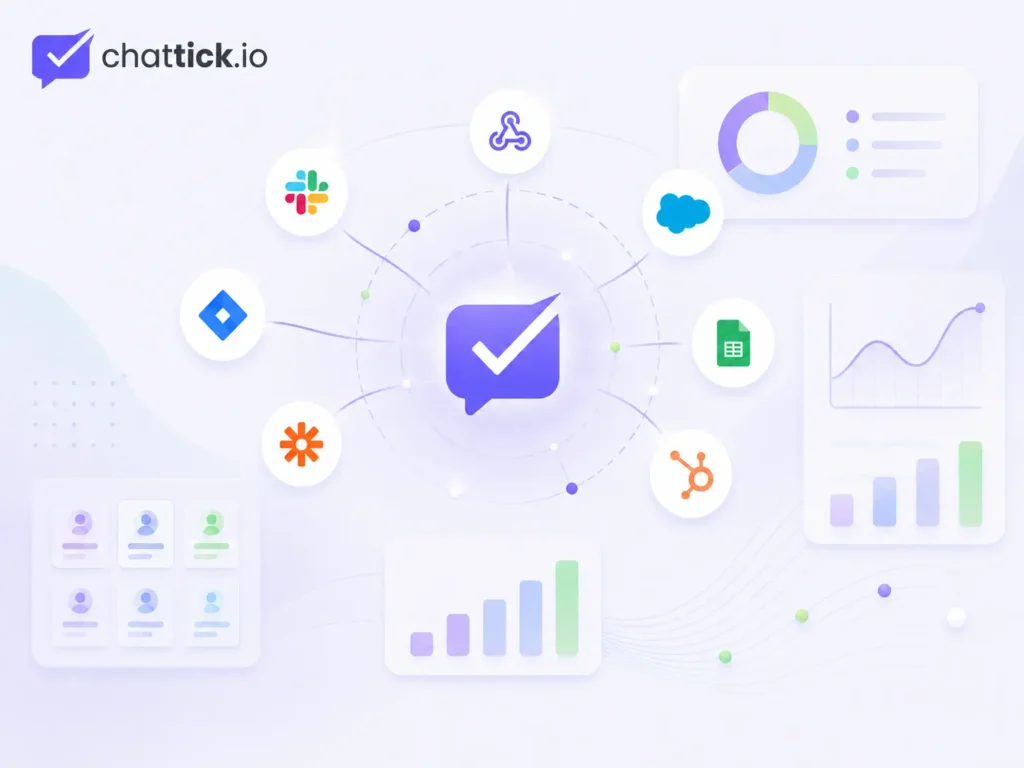 Chattick WhatsApp integration hub connected with CRM tools, webhooks, automation platforms, customer data, and analytics
