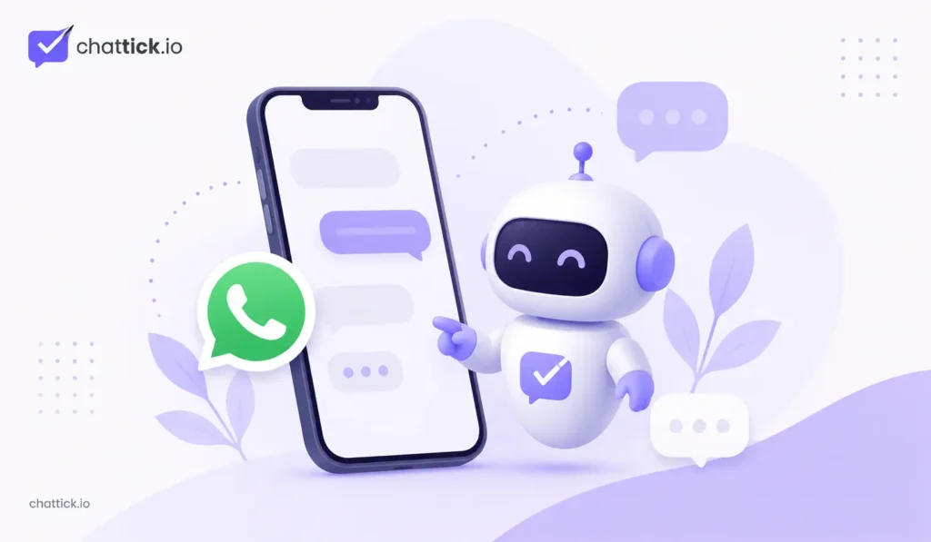 Friendly chatbot assistant with a smartphone and WhatsApp icon in a clean Chattick-branded illustration