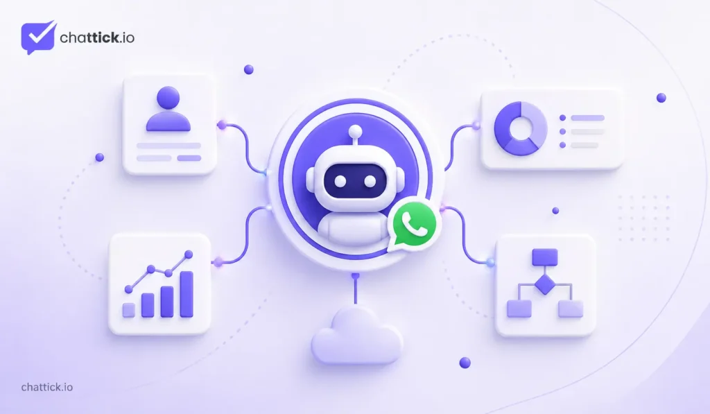 AI hub illustration showing a chatbot connected with analytics, workflow and customer data in a Chattick-branded design