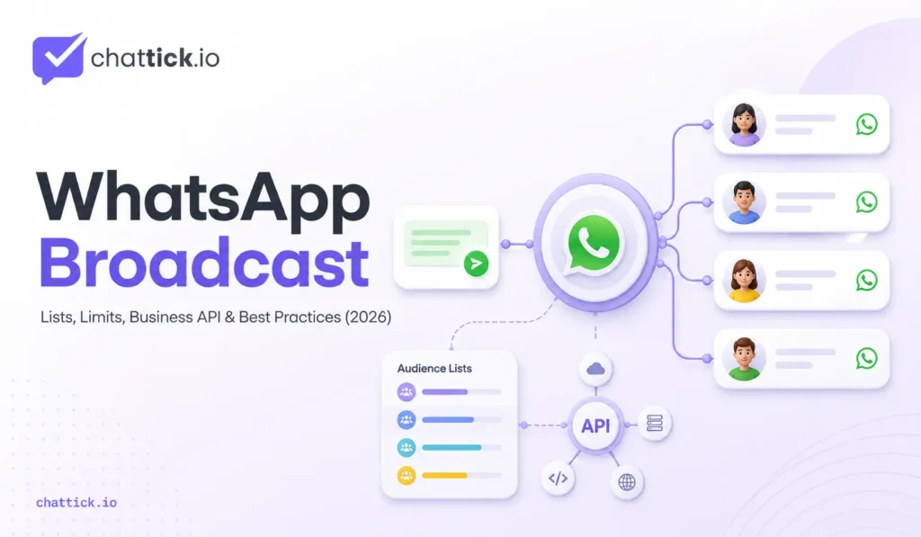 WhatsApp broadcast guide showing audience lists, 256-contact limits and Business API messaging