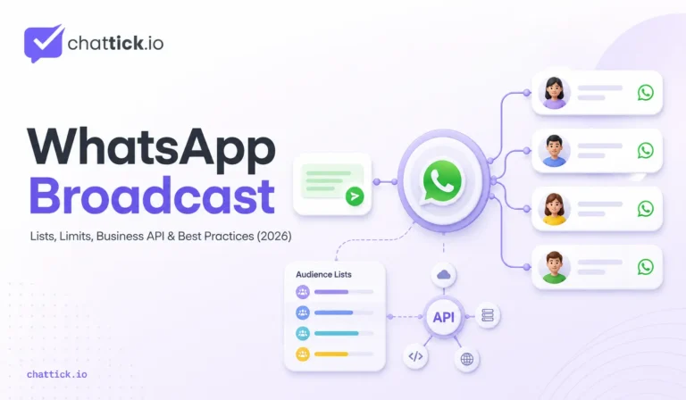 WhatsApp broadcast guide showing audience lists, 256-contact limits and Business API messaging