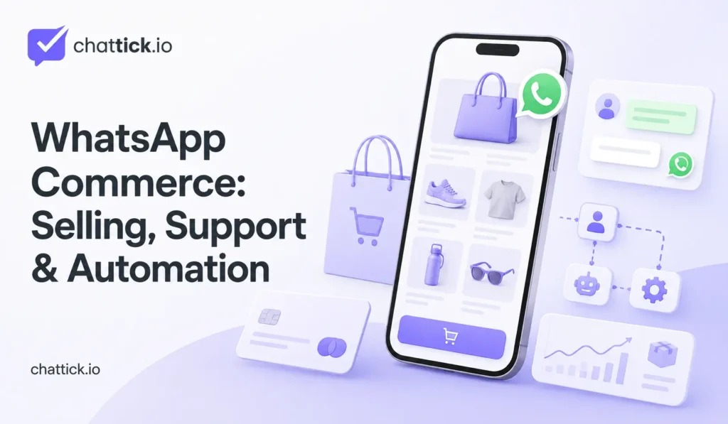 WhatsApp commerce guide showing product selling, customer support, shopping and automation workflows