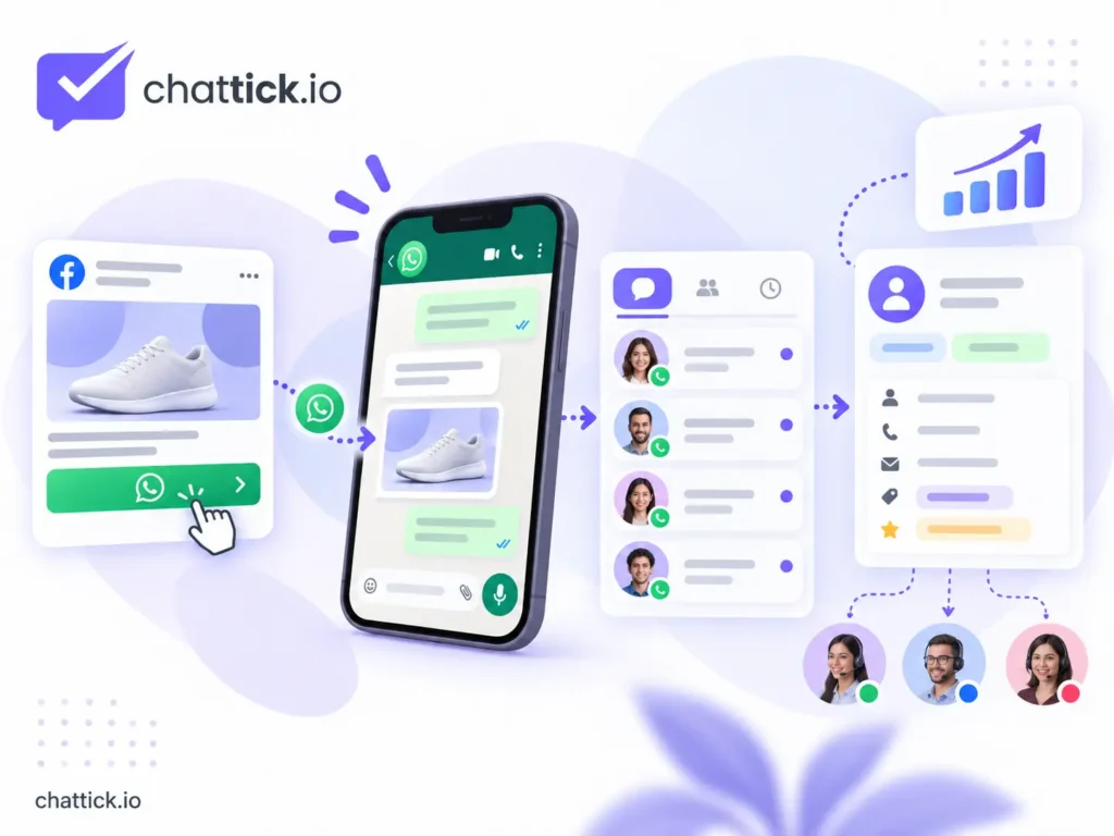 Click-to-WhatsApp lead flow showing ad clicks, WhatsApp conversations, CRM routing and sales handoff