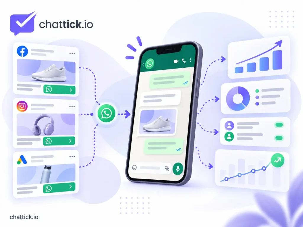 Click-to-WhatsApp ad visual showing a social media ad leading customers into a WhatsApp conversation